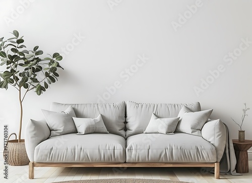 Photo of Scandinavian living room with grey sofa against empty wall mockup, simple design concept photo