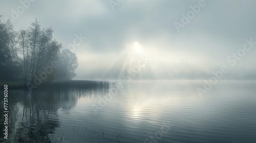 A misty morning on the shores of a tranquil lake with sunlight breaking through the clouds AI generated illustration © Olive Studio