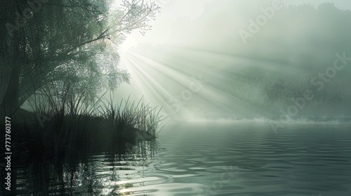 A misty morning on the shores of a tranquil lake with sunlight breaking through the fog AI generated illustration