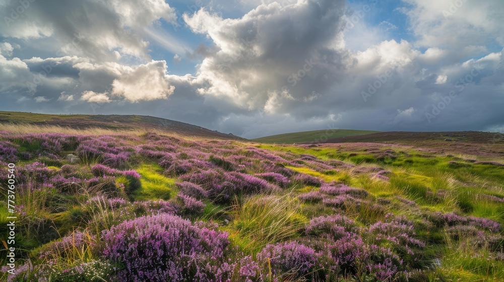 A peaceful hillside covered in blooming heather with sunlight streaming through the clouds AI generated illustration A peaceful hillside covered in blooming heather with sunlight streaming through the clouds AI generated illustration