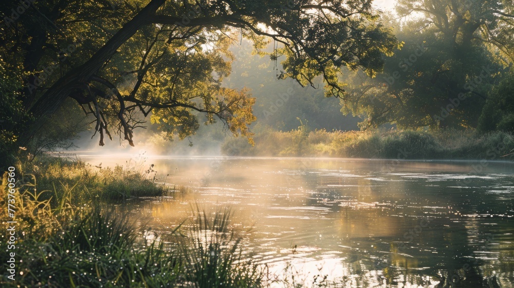 A peaceful riverside clearing bathed in the soft light of morning raw AI generated illustration A peaceful riverside clearing bathed in the soft light of morning raw AI generated illustration