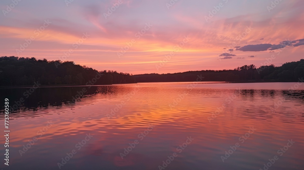 A pristine lake at sunset with the sky ablaze in shades of pink and orange raw AI generated illustration A pristine lake at sunset with the sky ablaze in shades of pink and orange raw AI generated illustration
