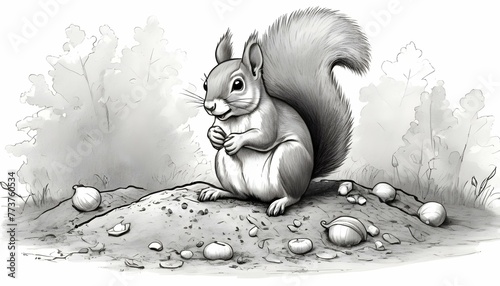 A Cute Cartoon Sketch Of A Squirrel Burying An Aco photo