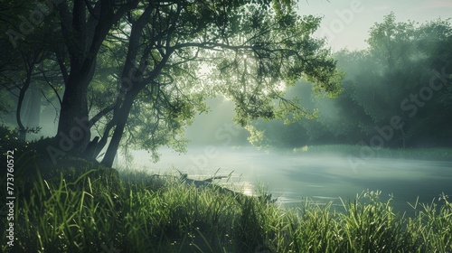 A peaceful riverside clearing bathed in the soft light of morning AI generated illustration