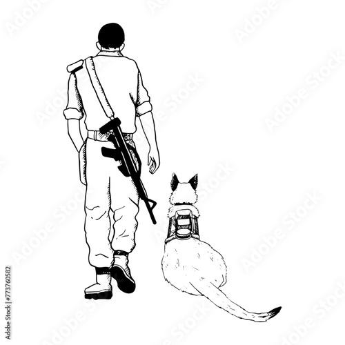 Laying K9 dog and walking soldier back view vector illustration. Israel Oketz special forces German shepherd or belgian malinois black and white drawing for patriotic Remembrance day designs