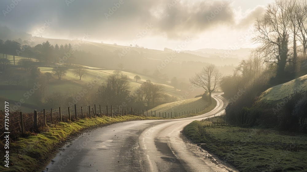 A quiet country road winding through rolling hills with sunlight filtering through the clouds raw AI generated illustration