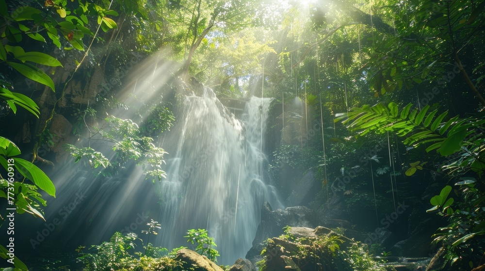 A secluded waterfall hidden in a lush jungle with sunlight filtering through the canopy above raw AI generated illustration A secluded waterfall hidden in a lush jungle with sunlight filtering through the canopy above raw AI generated illustration