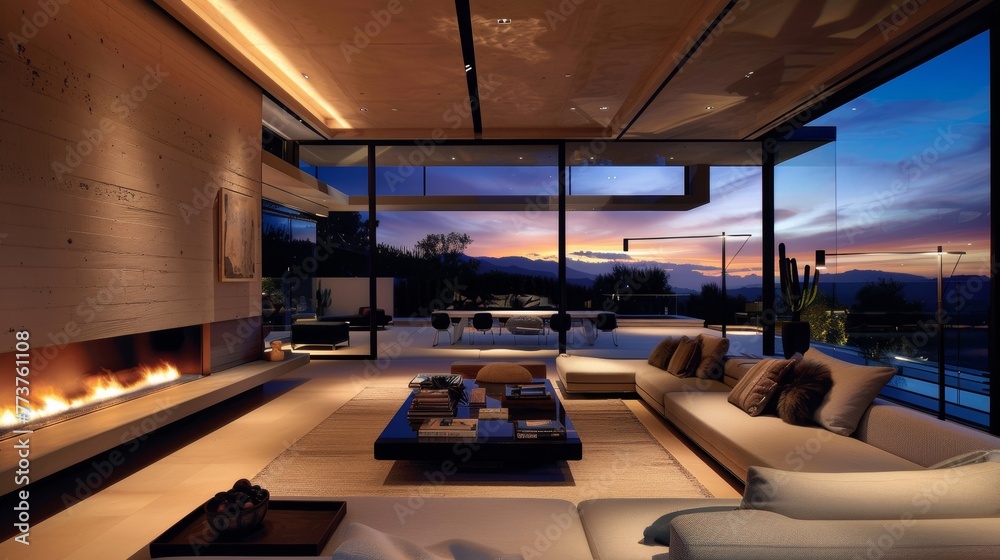 A sleek living room with a minimalist fireplace and a view of starlit skies raw AI generated illustration A sleek living room with a minimalist fireplace and a view of starlit skies raw AI generated illustration