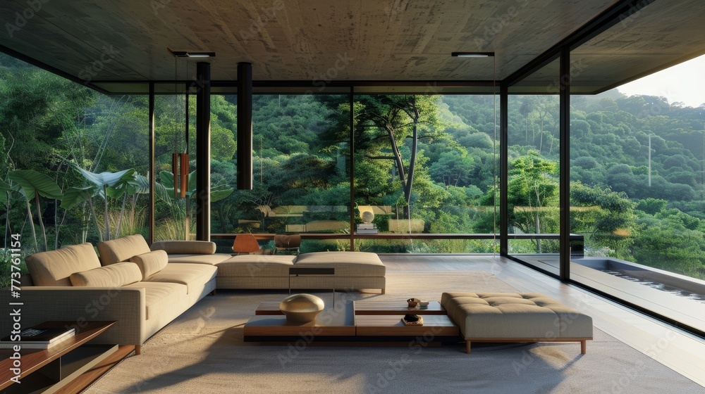 A sleek living room with floor-to-ceiling windows overlooking a lush green forest landscape AI generated illustration