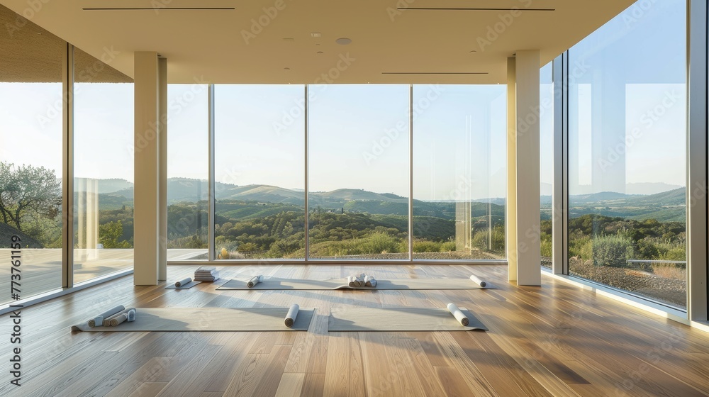 Fototapeta premium A sleek yoga studio with floor-to-ceiling windows and views of rolling hills AI generated illustration