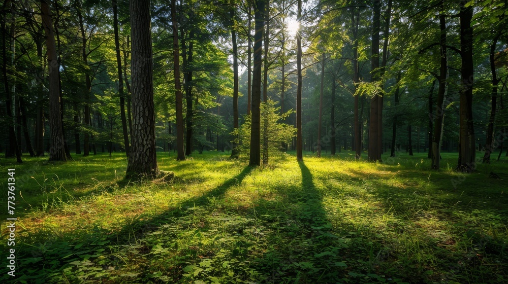 A sun-dappled glade in the heart of the forest AI generated illustration A sun-dappled glade in the heart of the forest AI generated illustration