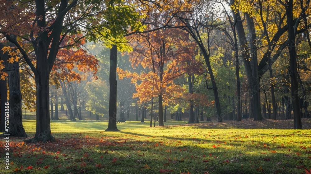 Naklejka premium A sun-dappled grove of trees with colorful autumn leaves fluttering in the breeze AI generated illustration