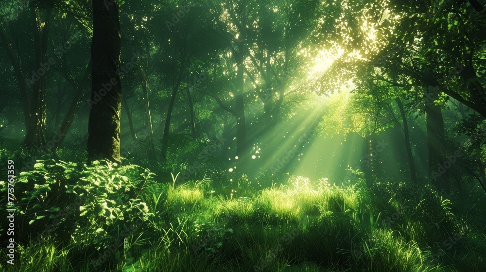 A sun-dappled glade in the heart of the forest AI generated illustration A sun-dappled glade in the heart of the forest AI generated illustration