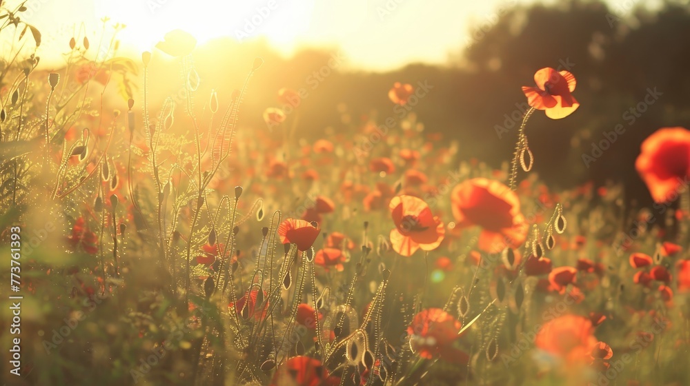 Fototapeta premium A sun-drenched field of poppies swaying in the breeze AI generated illustration