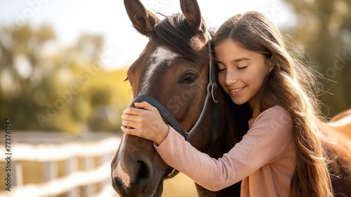 A little innocent girl loves a horse and hugs him. Child hugging an animal in nature