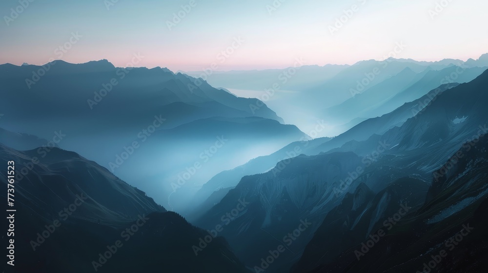 A tranquil mountain landscape with the first light of dawn illuminating the peaks AI generated illustration