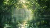 A tranquil river flowing through a dense forest with sunlight dappling the waters surface AI generated illustration