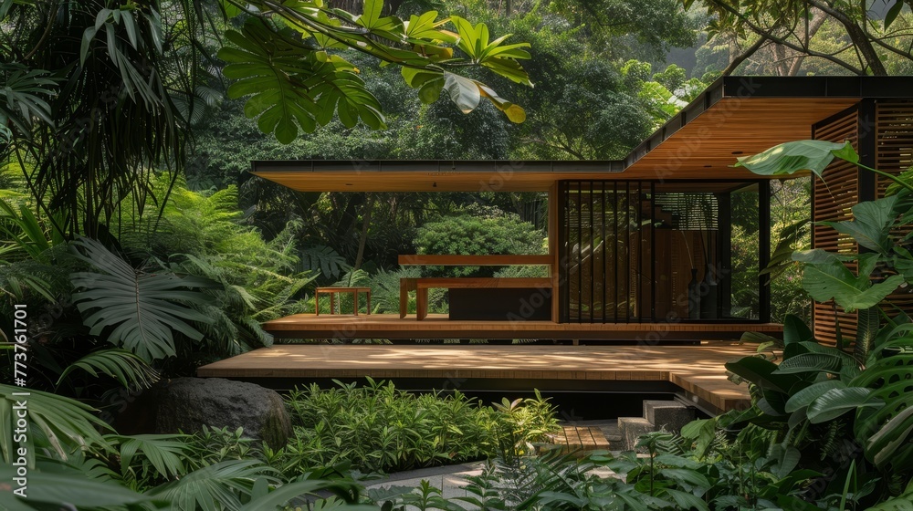 Obraz premium A wooden podium blends seamlessly with the verdant surroundings AI generated illustration