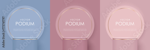 3D realistic background podium, product pedestal in the form of a cylinder with gold elements. Wall mockup, stage product showcase, advertising display. Blue and pink podium mockup.