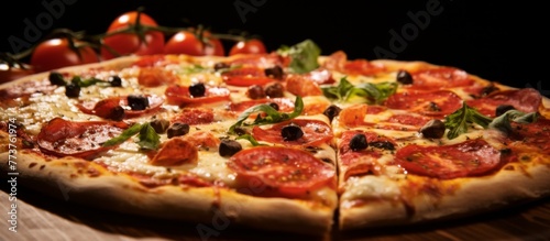 A delicious pizza topped with fresh tomatoes, briny olives, and leafy spinach served on a rustic wooden cutting board
