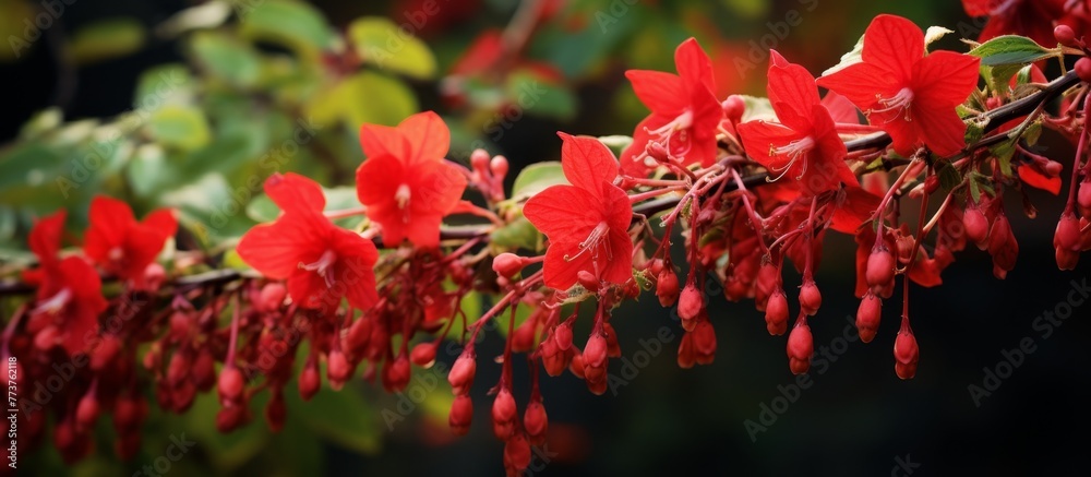 Red flower in full bloom captured in close up on a branch surrounded by vibrant green leaves in natural setting