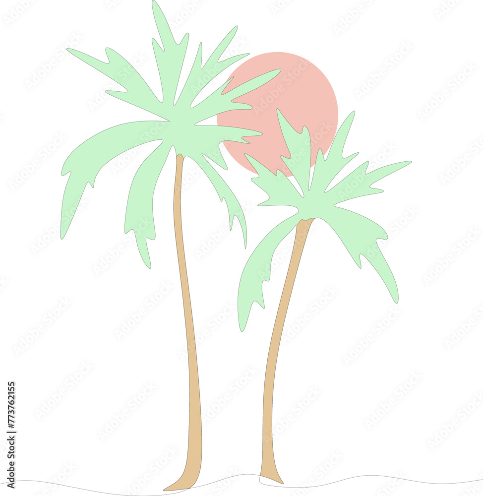 Continuous line drawing of coconut trees, nature concept, summer vector illustration