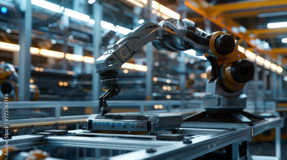 A factory equipped with automation systems dedicated to manufacturing electronics, microchips, and circuits. Automated arm