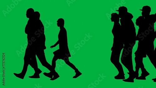 crowd walking and running silhouette green screen side view