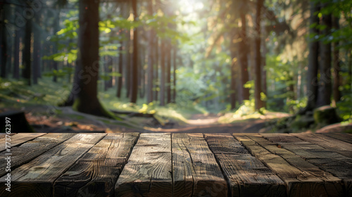 A rustic wooden table prominently displayed in a tranquil, sunlit forest, invoking a sense of peace and nature