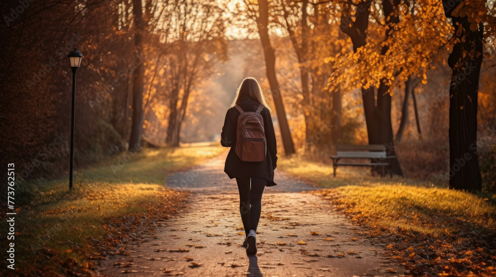 Travel woman walks on a park path under colorful Autumn leaves falling trees, healthy living, enjoying nature, and mindfulness