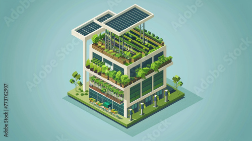 An isometric building icon of a sustainable urban farm, incorporating vertical farming and renewable energy sources.