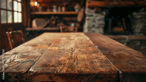 An old-fashioned wooden table dominates a homely kitchen, suggesting a timeless, traditional culinary space photo