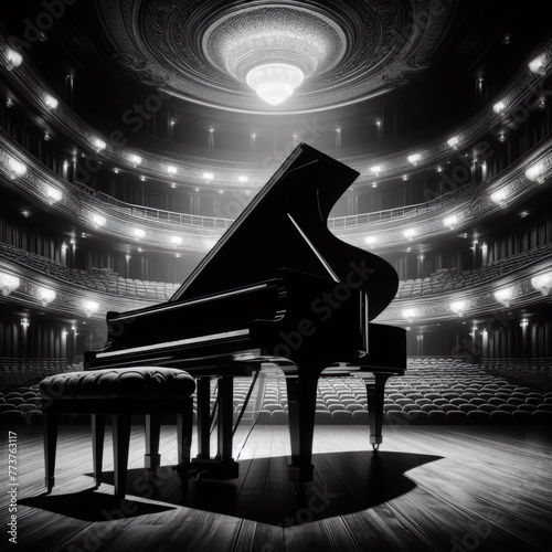  Grand piano on stage in the theater,  B&W