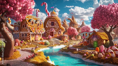A whimsical and colorful candy village with houses made of confectionery delights and a river flowing with liquid sweetness. Resplendent. photo