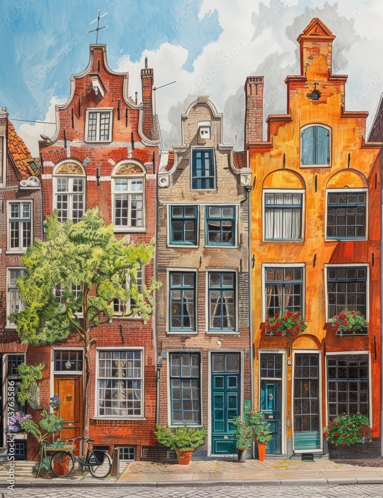 Colored pencil drawing of dutch houses colorful