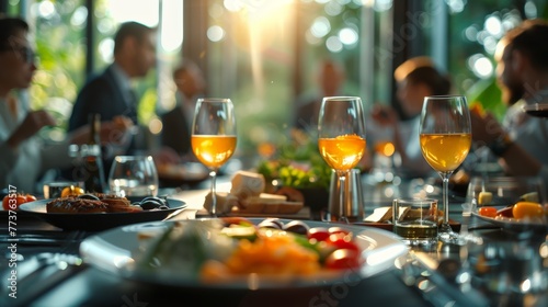 Close-up photography captures the details of a business lunch setup for executives