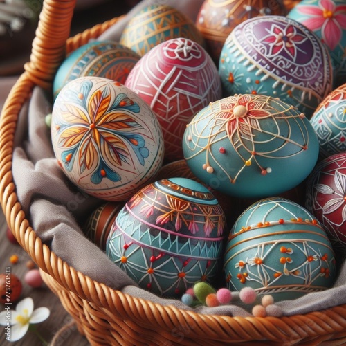 Beautiful colorful Easter eggs in a wicker basket