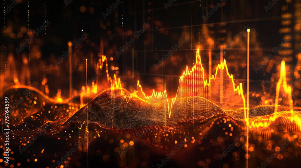 A striking abstract representation of data analytics with graph lines resembling flames over a dark backdrop