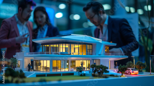 A real estate marketing team presenting a miniature replica of a futuristic smart home, showcasing advanced technologies and home automation systems, at a tech expo.