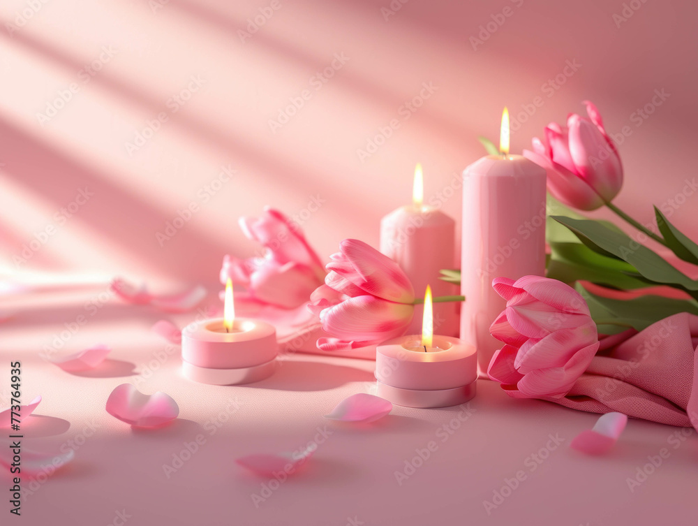 Valentine's Day background romantic Pink Tulips with Candles Light, Greeting card design Soft and dreamy mood