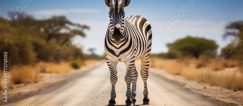 A zebra with black and white stripes walking gracefully on a rural dirt path surrounded by a vast grassy field