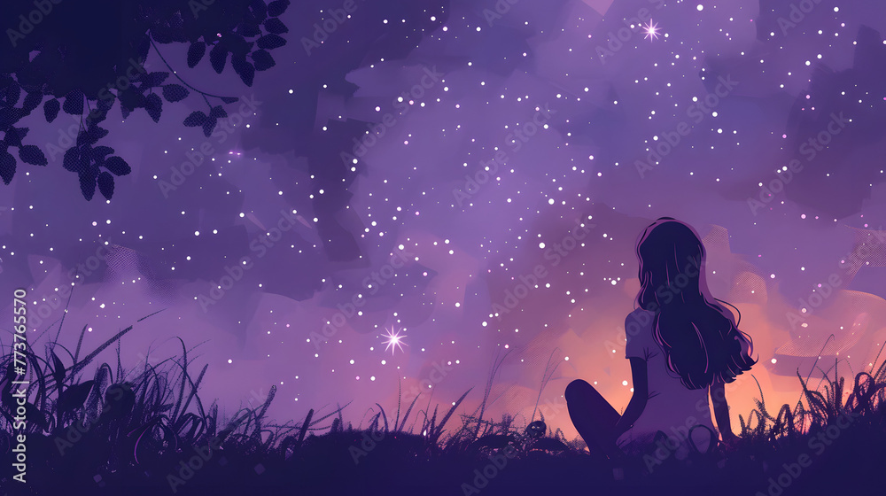 Anime girl stargazing. Cute girl looking at the night sky. Atmospheric, moody feeling. Manga, lofi style. Sad beautiful background. 4K night. With clouds and stars.