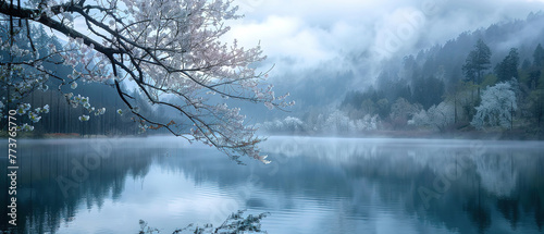 quiet lake in the mountain surrounded by beautiful nature scenery, Cherry blossoms blooming near the lake Foggy, cloudy sky 