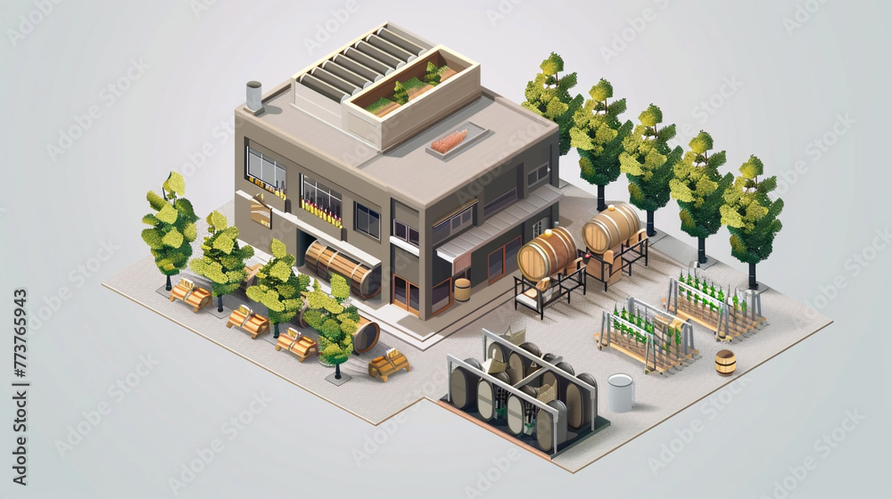 A modern isometric building icon of a boutique urban winery, combining traditional winemaking with modern urban aesthetics.