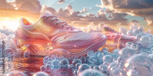 Surreal 3D render of a whimsical, floating shoe display with gravity-defying, iridescent sneakers and a swirling, rainbow-hued background