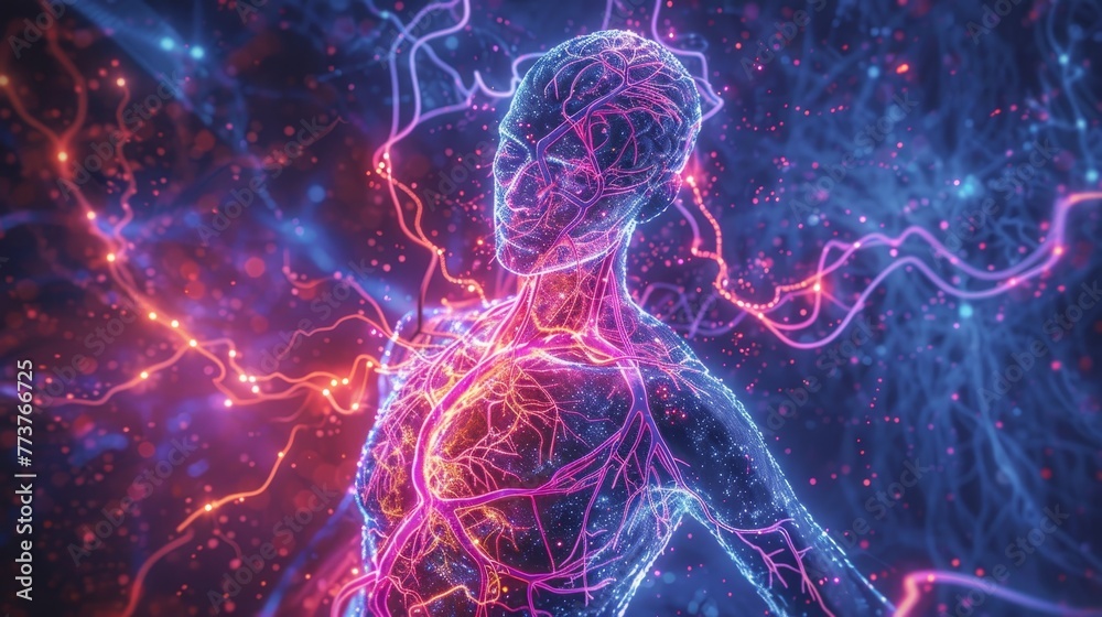 A colorful and intricate circulatory system within the human body - obrazy, fototapety, plakaty 