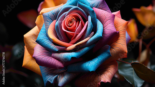 An artistic capture of the vibrant and rare Rainbow Rose, its multicolored petals standing out against a plain backdrop