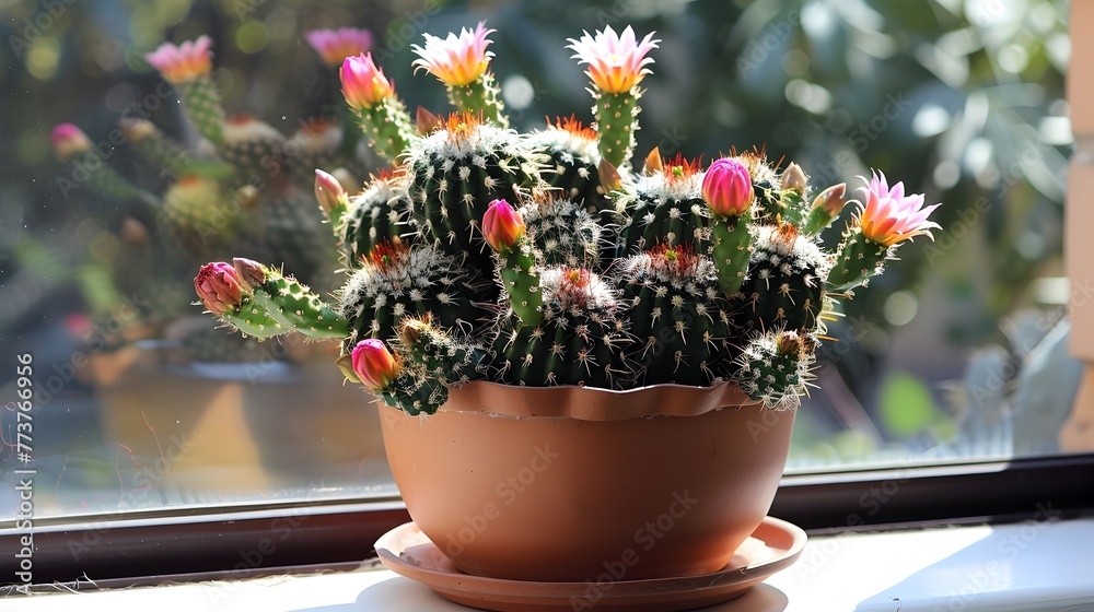 Vibrant Cactus Blooms Adorning a Sun Drenched Windowsill Vibrant Cactus Blooms Adorning a Sun Drenched Windowsill