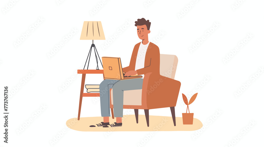 Boy with laptop sitting on chair. Home office freelanc