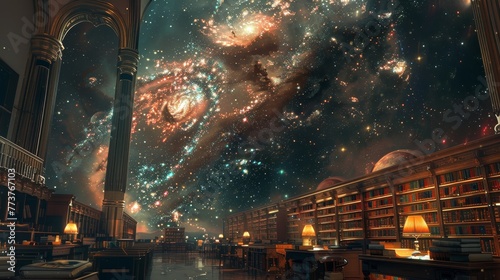 A cosmic library where books contain the knowledge of the universe